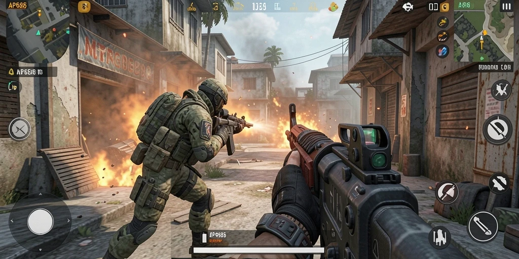Screenshot utama AP686 menunjukkan aksi gameplay yang intens dalam lingkungan pertempuran FPS.