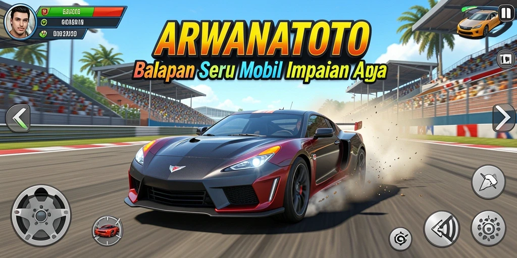 Gameplay seru ARWANATOTO dengan mobil balap di lintasan.