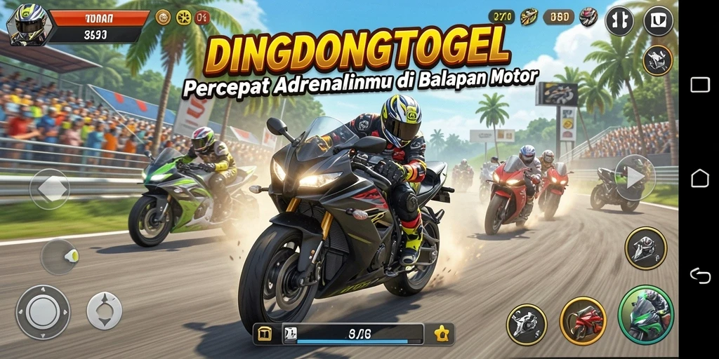 Tampilan gameplay DINGDONGTOGEL dengan balapan motor yang seru.