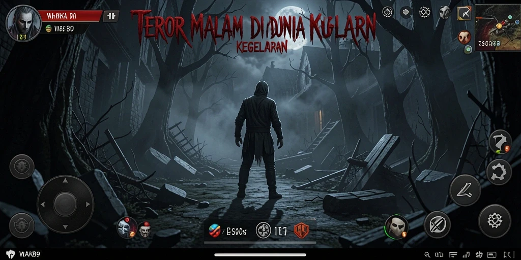 Screenshot gameplay dari WAK89 menampilkan suasana horor yang mencekam.